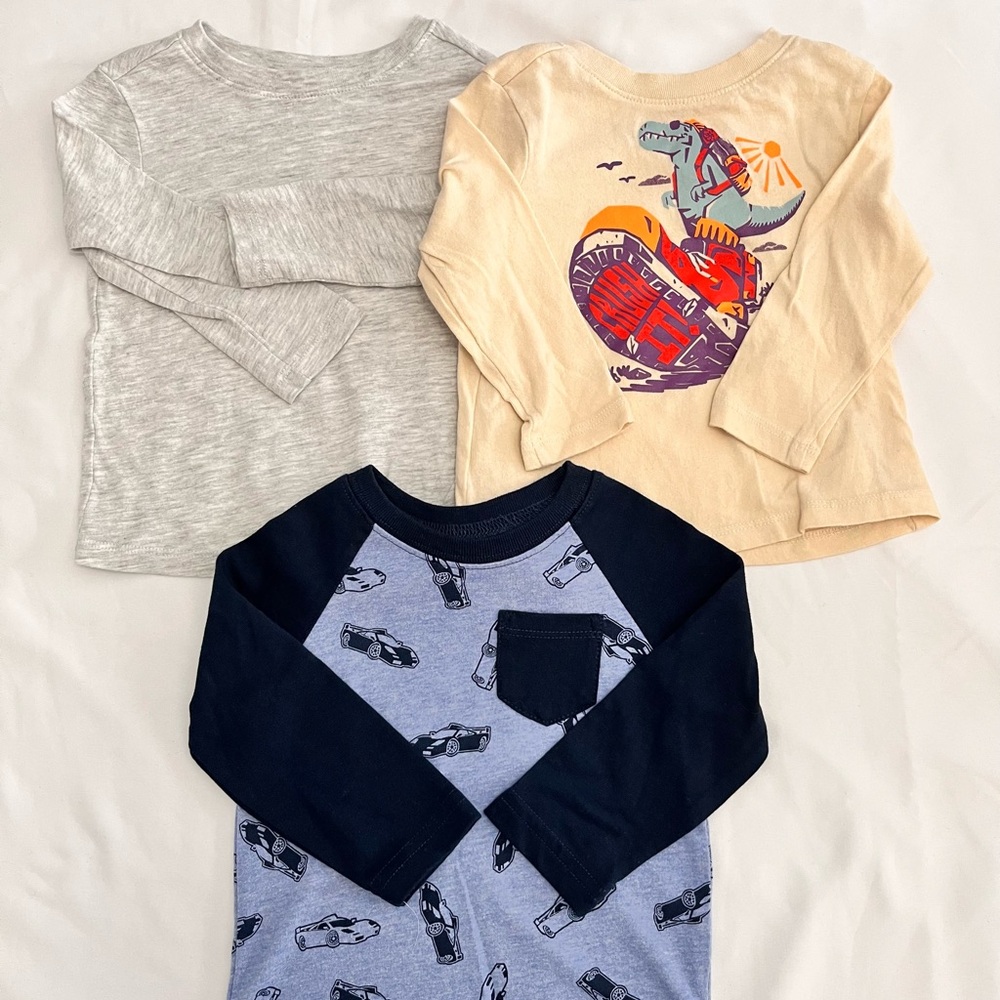 Kids Long Sleeve Dinosaur and Car Print Shirts - Gray, Cream, and Blue